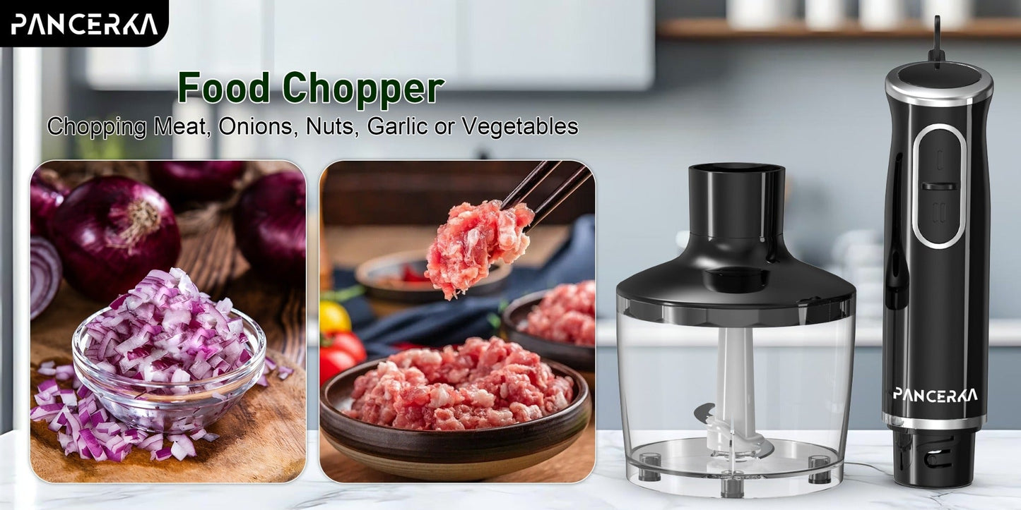 Black 8-in-1-Labeled Immersion Blender Set with 600ml Chopper, Dough Hooks, Whisk and Frother