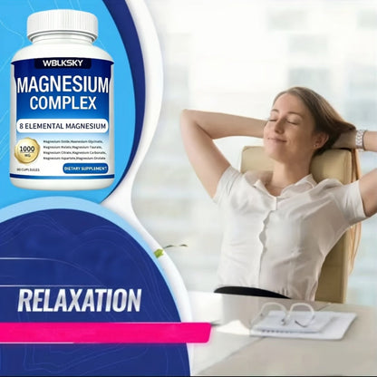 Magnesium Complex Supplement 8-in-1 with Glycinate Citrate Malate Orotate Taurate Aspartate Oxide Carbonate — 1000mg Per Capsule, 2 Bottles, Sleep Mood Muscle Energy Support for Women & Men