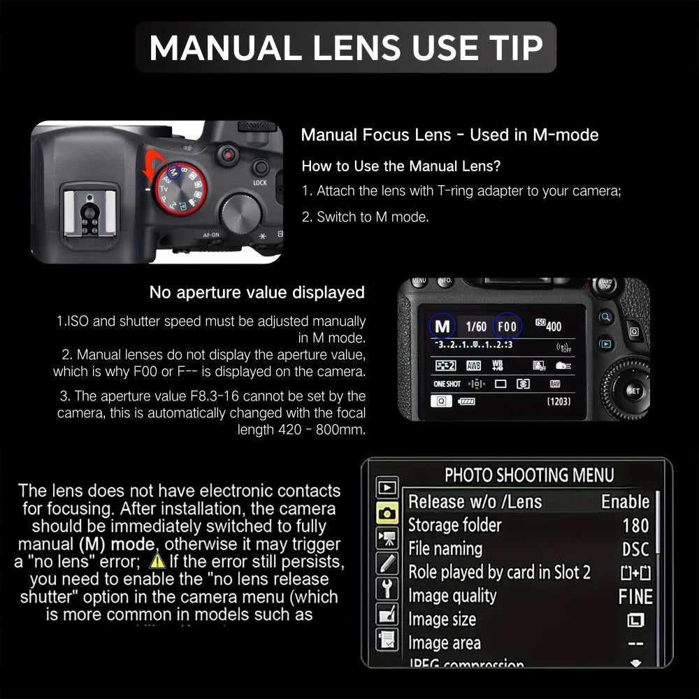 420-800mm F8.3-16 Telephoto Zoom Lens Manual Focus with T-Mount Adapter for Canon Nikon Sony Moon Wildlife Bird Photography Full Frame