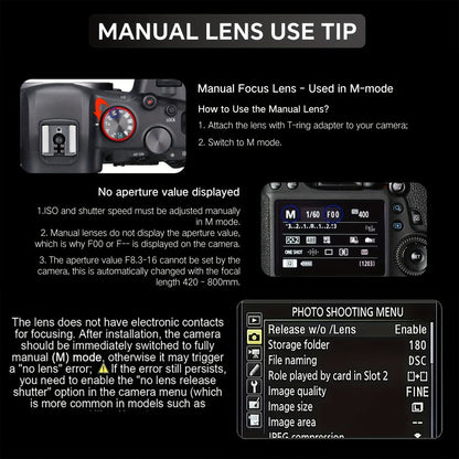 420-800mm F8.3-16 Telephoto Zoom Lens Manual Focus with T-Mount Adapter for Canon Nikon Sony Moon Wildlife Bird Photography Full Frame