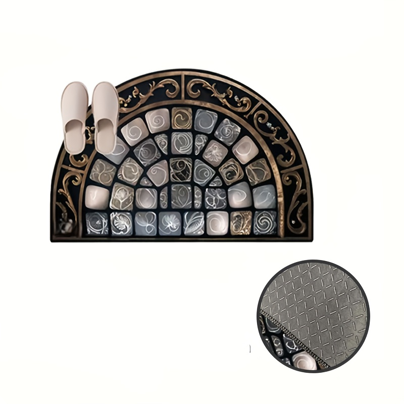 Half-Round Door Mat with Stone Mosaic and Scroll Print in 50 x 80cm or 60 x 90cm Entryway Sizes