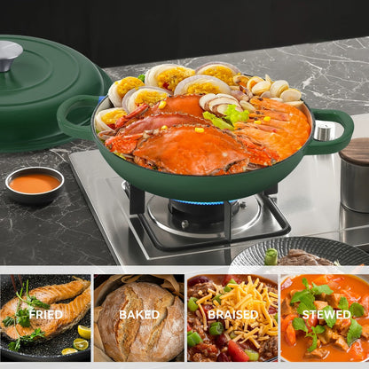3QT Enameled Cast Iron Dutch Oven Braiser with Shallow Round Body, Fitted Lid and Three Colors