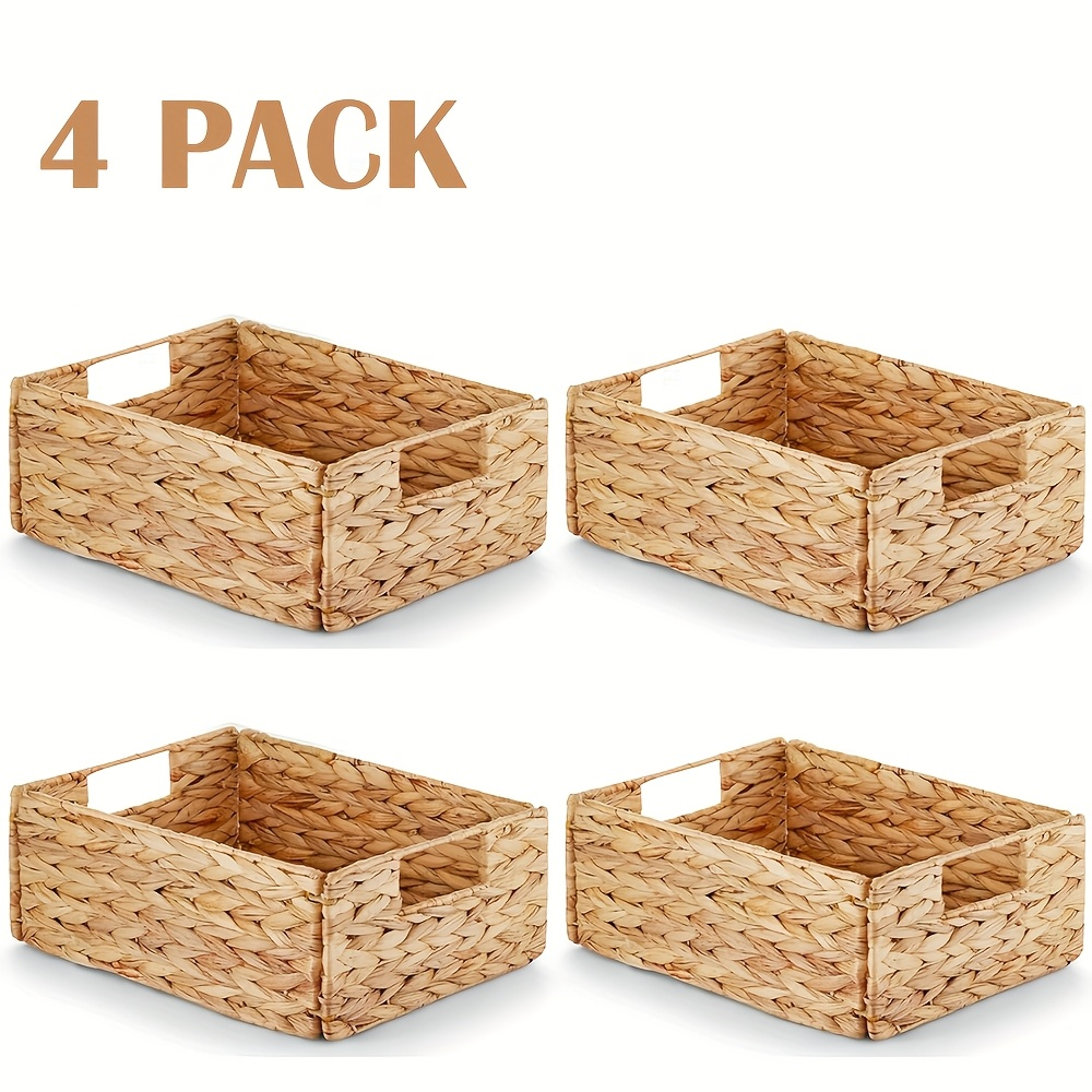 Pantry Baskets with Chalkboard Labels - Natural Water Hyacinth Woven Storage Bins 9"x12"x5", Kitchen Shelf Organizers, Available in 1, 2 & 4 Pack