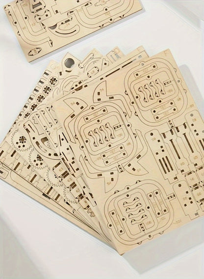 Wooden Marble Track Model Kit with Dual-Linkage A or B Builds, Laser-Cut Panels, Gears and Ball Rails
