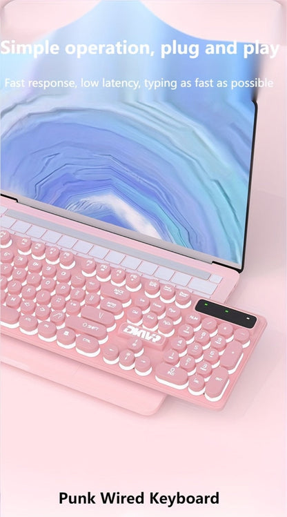 Retro Round-Key Wired Keyboard and 6D Mouse Set with Pink or Blue USB Color Options and One-Touch Lighting