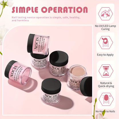 Six-Color Acrylic Nail Powder Set with Monomer Bottle and Application Tool Assortment in Three Set Codes