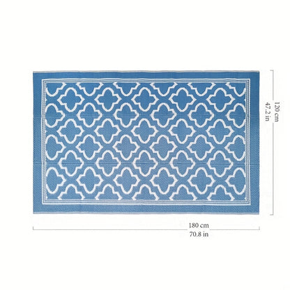 Blue and White Reversible Outdoor Mat with Geometric Pattern and Two Rectangular Size Options
