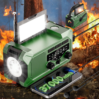 10000mAh AM/FM Emergency Radio with Solar Panel, Hand Crank, Reading Light and Yellow or Green Case