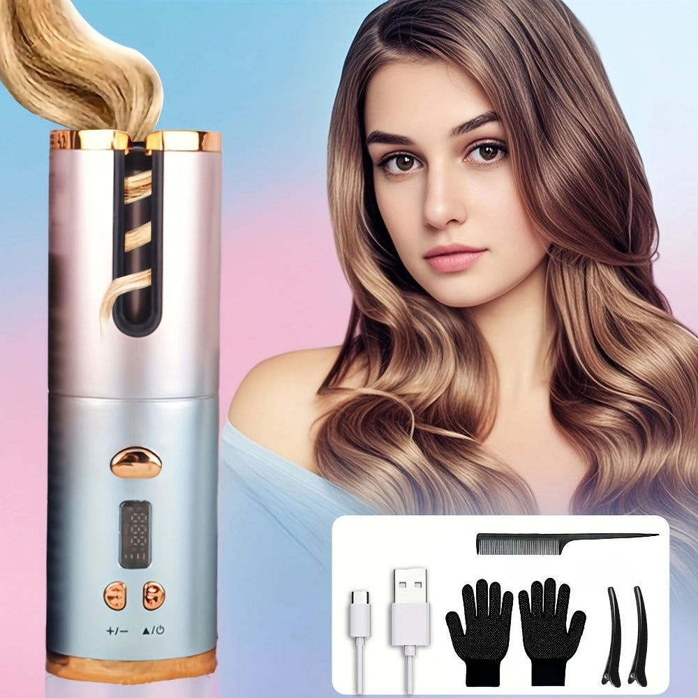 Cordless Automatic Hair Curler USB Rechargeable Rotating Curling Iron 6 Heat Settings LCD Display Auto Shut-Off Fast Heat-Up Storage Bag 4 Hair Clips Comb All Hair Types Women Blue Pink Gray Gradient