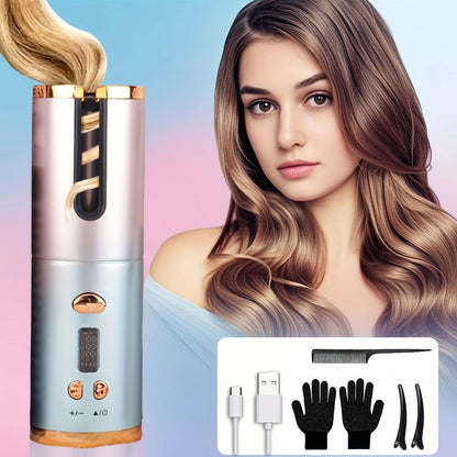 Cordless Automatic Hair Curler USB Rechargeable Rotating Curling Iron 6 Heat Settings LCD Display Auto Shut-Off Fast Heat-Up Storage Bag 4 Hair Clips Comb All Hair Types Women Blue Pink Gray Gradient