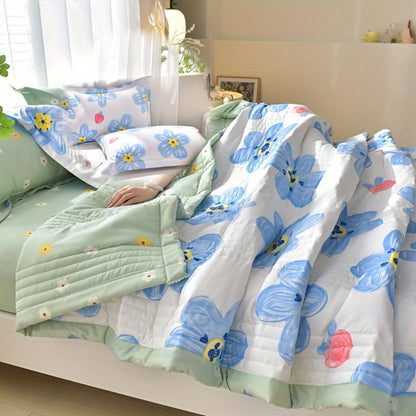 Floral Three-Piece Thin Quilt Set with Two Pillowcases, Twin to King Sizes and Three Printed Styles