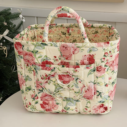 Quilted Floral Carry Storage Basket, Approximately 32 x 26 x 25cm with Two Padded Handles and Seven Patterns