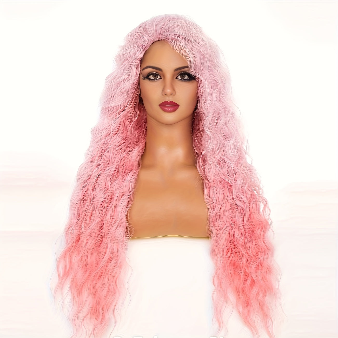 Synthetic Wig 30-Inch Long Curly Waves with Dark Roots, Middle Part and Three Ombre Colors