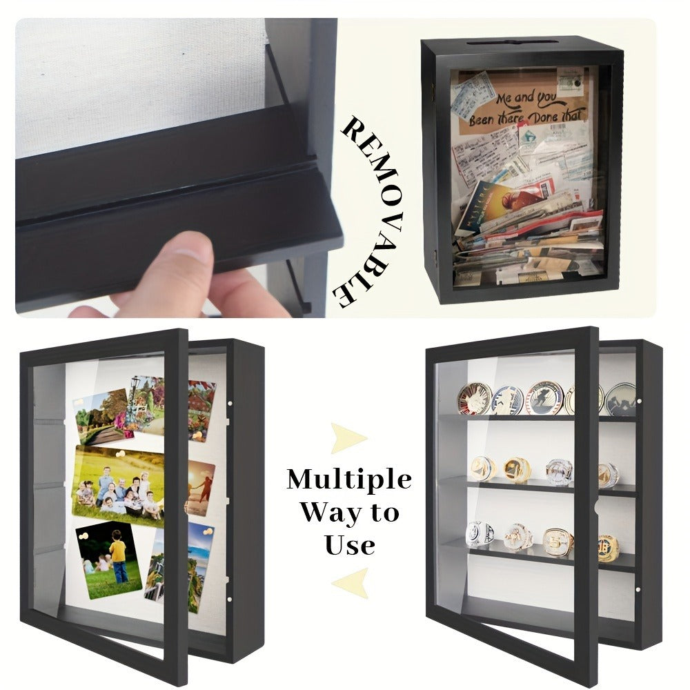 Shadow Box Frame 11x14 with 4 Removable Shelves - Large Deep Display Case for Medals Coins Pins Photos Flowers Keepsakes, Wall Hanging Memory Box for Collections, Black White Brown