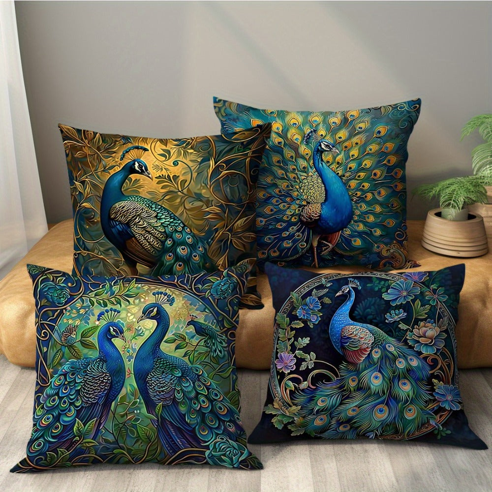 Vintage Peacock Throw Pillow Covers, Set of Four 18 x 18-Inch Short-Plush Cases with Zipper Openings