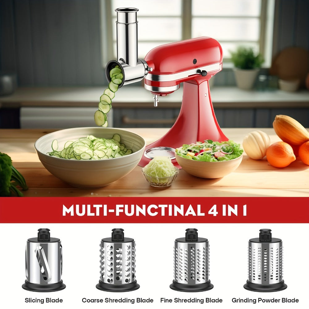 Stainless Steel Slicer Shredder Attachment for Stand Mixers with 4 Dishwasher Safe Blades – Multi-Function Vegetable Fruit Cheese Grater Salad Maker & Powder Grinder for Carrots Potatoes