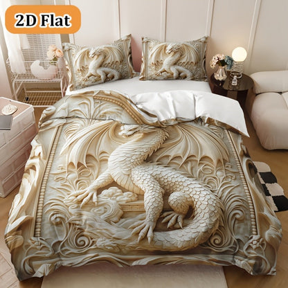 3-Piece Duvet Cover Set with Ivory Coiled Dragon Print, Ornate Carved-Look Artwork and Four Sizes