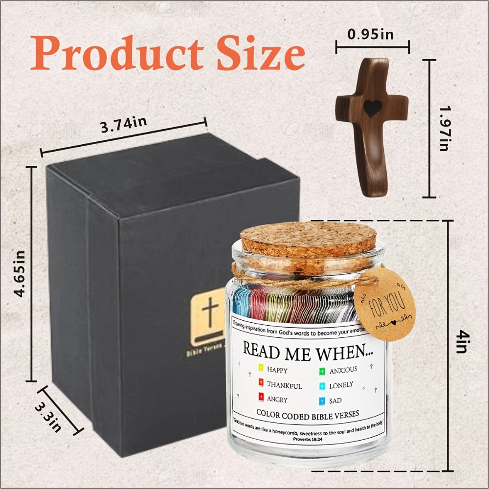 Bible Verse Jar Gift Set with Wooden Cross, Color-Coded Scripture Cards and Two Exact Configurations