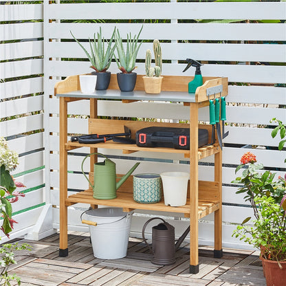 Rolling Potting Bench 3-Tier Wooden Garden Workstation Waist-High Galvanized Metal Top Lockable Casters Side Hooks Shelves for Outdoor Patio Gardening Storage