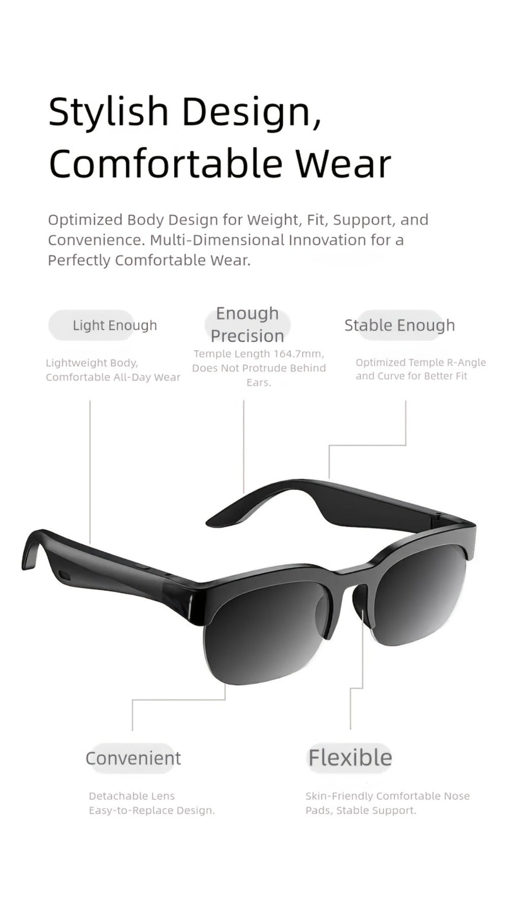 Smart Glasses Translation Eyewear with Photochromic Lenses, Wireless Earphones, Microphone and Rechargeable Battery
