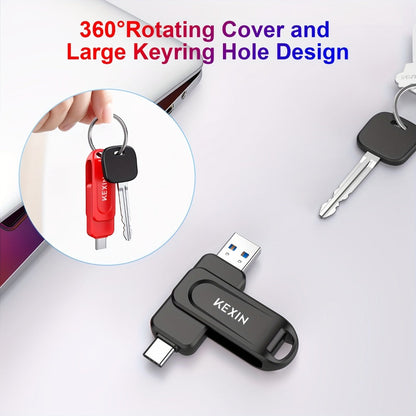 2-in-1 USB-C & USB-A Flash Drive 32GB 64GB 128GB, KEXIN Rotating Thumb Drive Type-C Memory Stick Compatible with iPhone 15 16, Android Smartphone, Tablet, Smart TV, Car Audio, Laptop & PC – 5 Colors