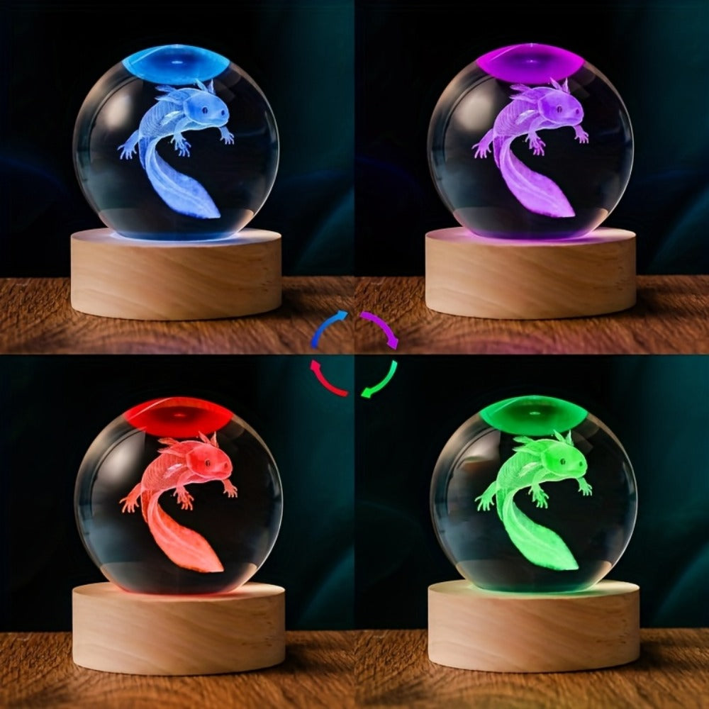 Night Light 2.36-Inch Axolotl Crystal Orb Lamp with Color-Changing LED, USB Power and Wood-Tone Round Base