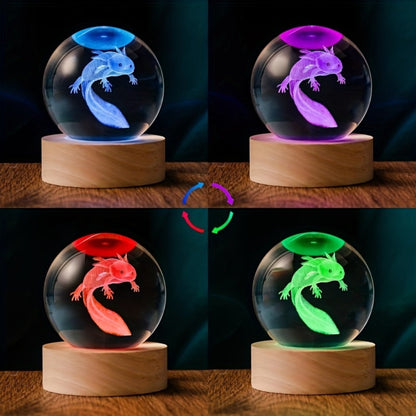 Night Light 2.36-Inch Axolotl Crystal Orb Lamp with Color-Changing LED, USB Power and Wood-Tone Round Base