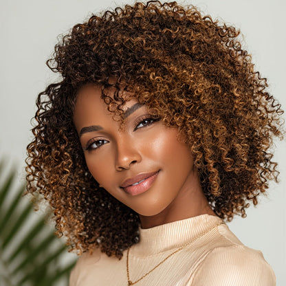 Jerry Curl Human Hair Wig with Bangs, 12-Inch Length and P4/30/27 or P1B/30 Highlight Options
