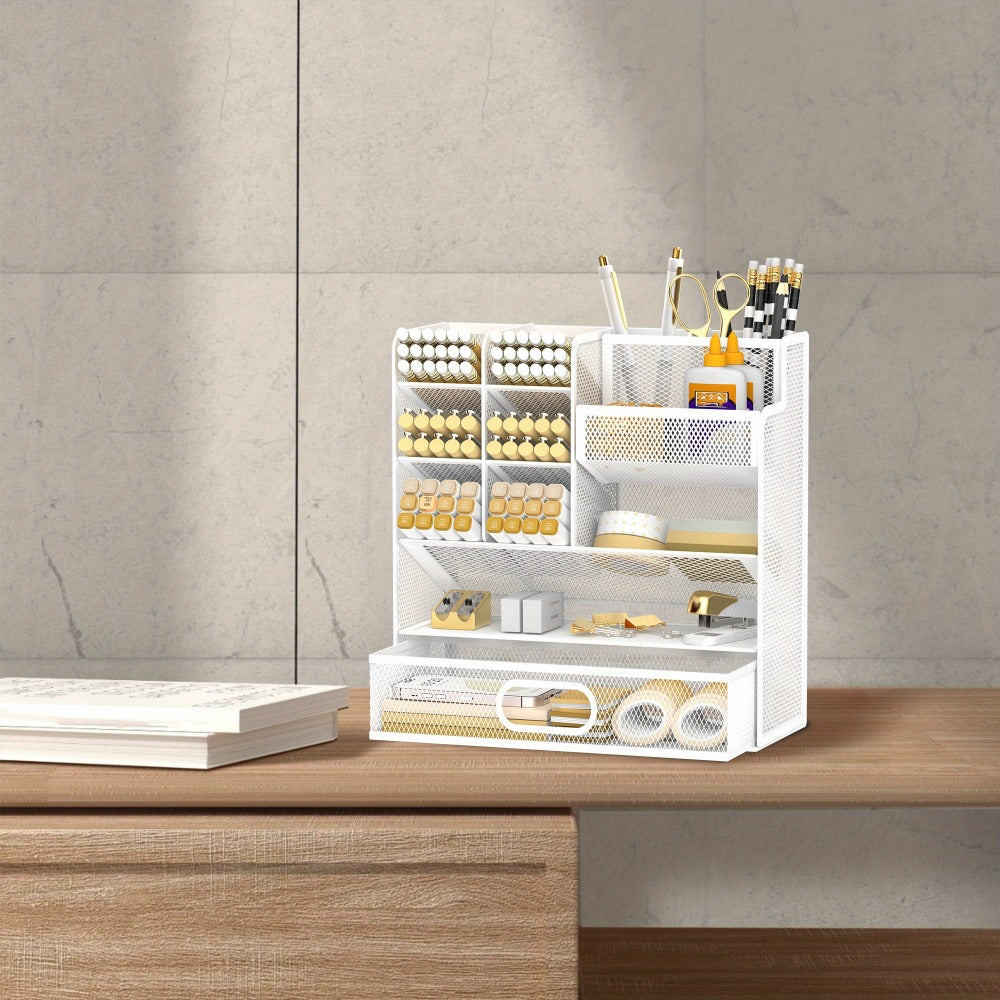 Mesh Desk Organizer with Pull-Out Drawer, Tiered Compartments and Six Color Checkout Options