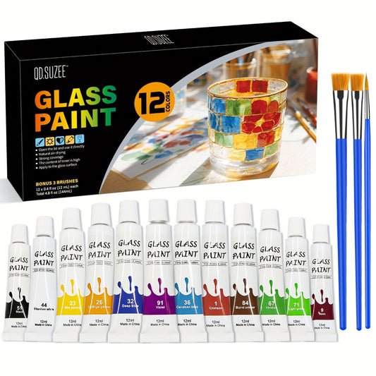 Stained Glass Painting Kit 12 Colors Acrylic Paint Set with 3 Brushes – Non-Toxic Window Glass Paint for Wine Glasses Ceramic Mugs, Professional Art Supplies for Adults Artists Painting Enthusiasts