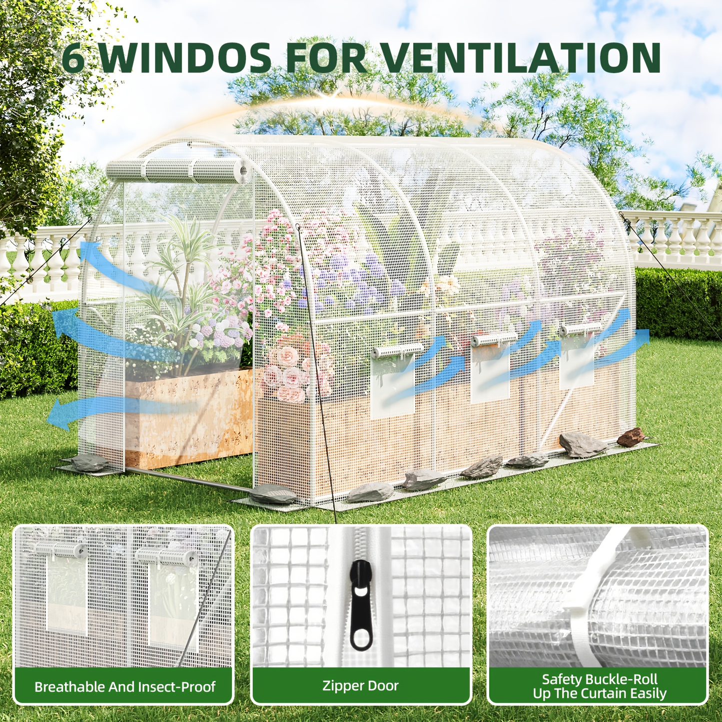 10 x 6.6 x 6.6 Foot Walk-In Greenhouse with Two Zippered Screen Doors and Six Windows in Two Colors