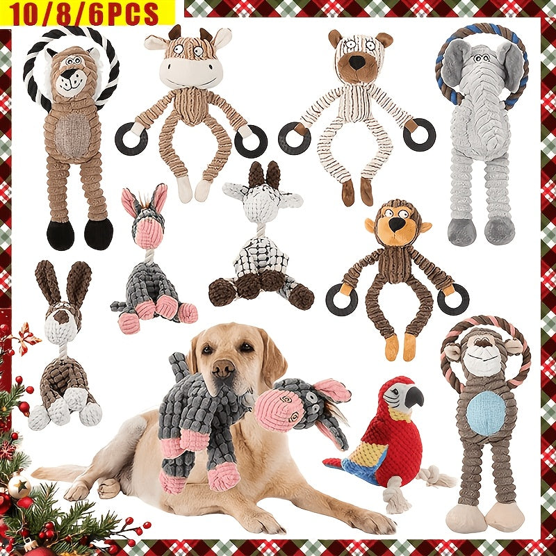 Dog Toy Plush Rope Animal-Print Squeaker Set with Random 6, 8 or 10-Piece Options and No Batteries