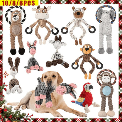 Dog Toy Plush Rope Animal-Print Squeaker Set with Random 6, 8 or 10-Piece Options and No Batteries