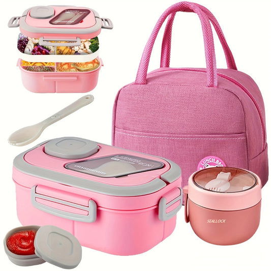 Two-Layer Bento Box Set with Multiple Compartments, Cup, Carry Bag, Cutlery and Sauce Container