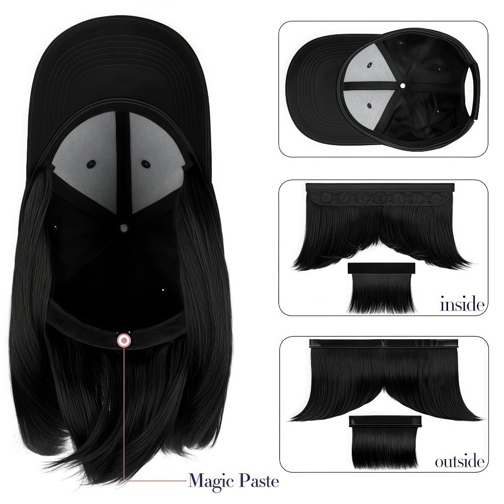 Baseball Cap with Attached 12-Inch Straight Bob Hairpiece in Style4, Black, 613 or 107 Checkout Options