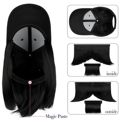 Baseball Cap with Attached 12-Inch Straight Bob Hairpiece in Style4, Black, 613 or 107 Checkout Options