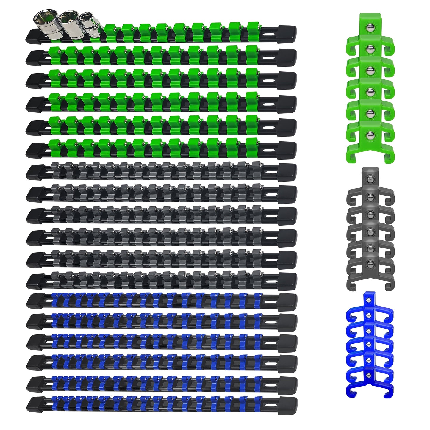 Socket Organizer Set with Rails – Heavy Duty ABS Socket Holder Rack for 1/4", 3/8" & 1/2" Drive – Tool Storage Kit for Toolbox, Garage & Workshop Organization (6, 9 or 18 Piece)