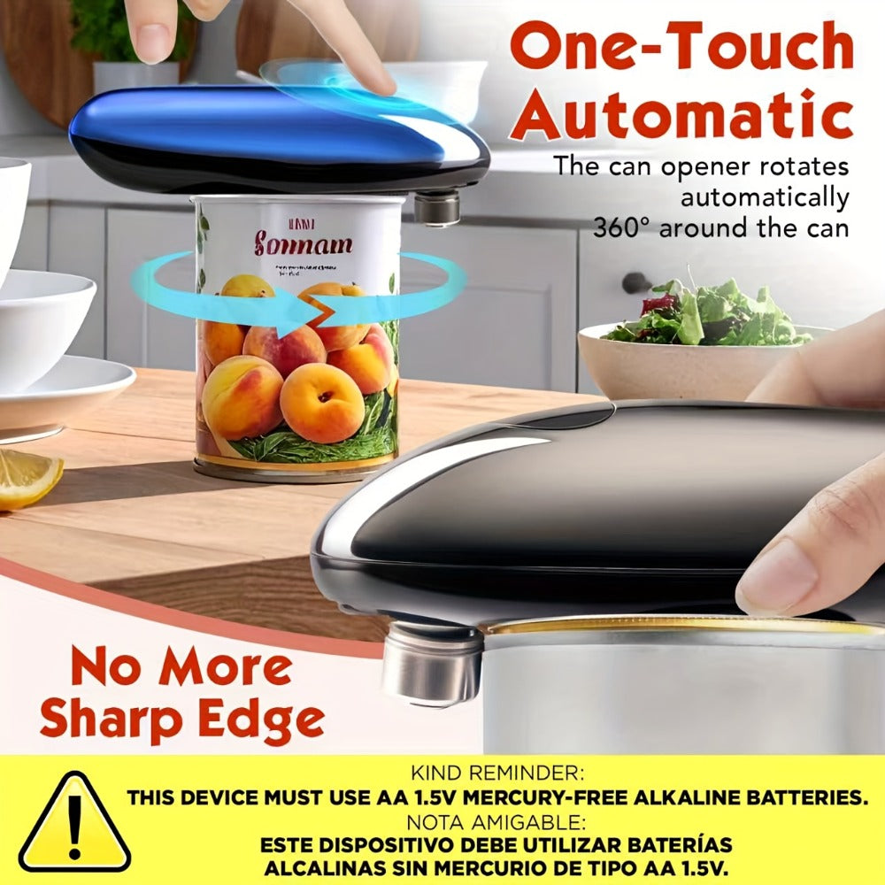 Electric Can Opener One Touch – Automatic 360° Rotation for All Can Sizes, Smooth Safe Edge, Battery Operated, Ideal for Seniors & Arthritic Hands, Kitchen Gadget