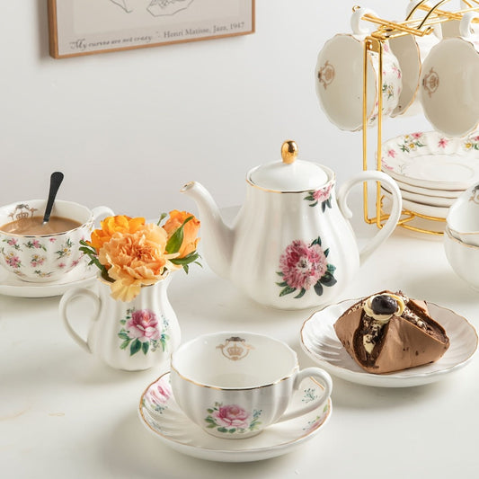 Porcelain Tea Set for 6 - 22 Piece British Royal Floral Service with Teapot, Cups & Saucers, Sugar Bowl, Cream Pitcher & Tea Strainer
