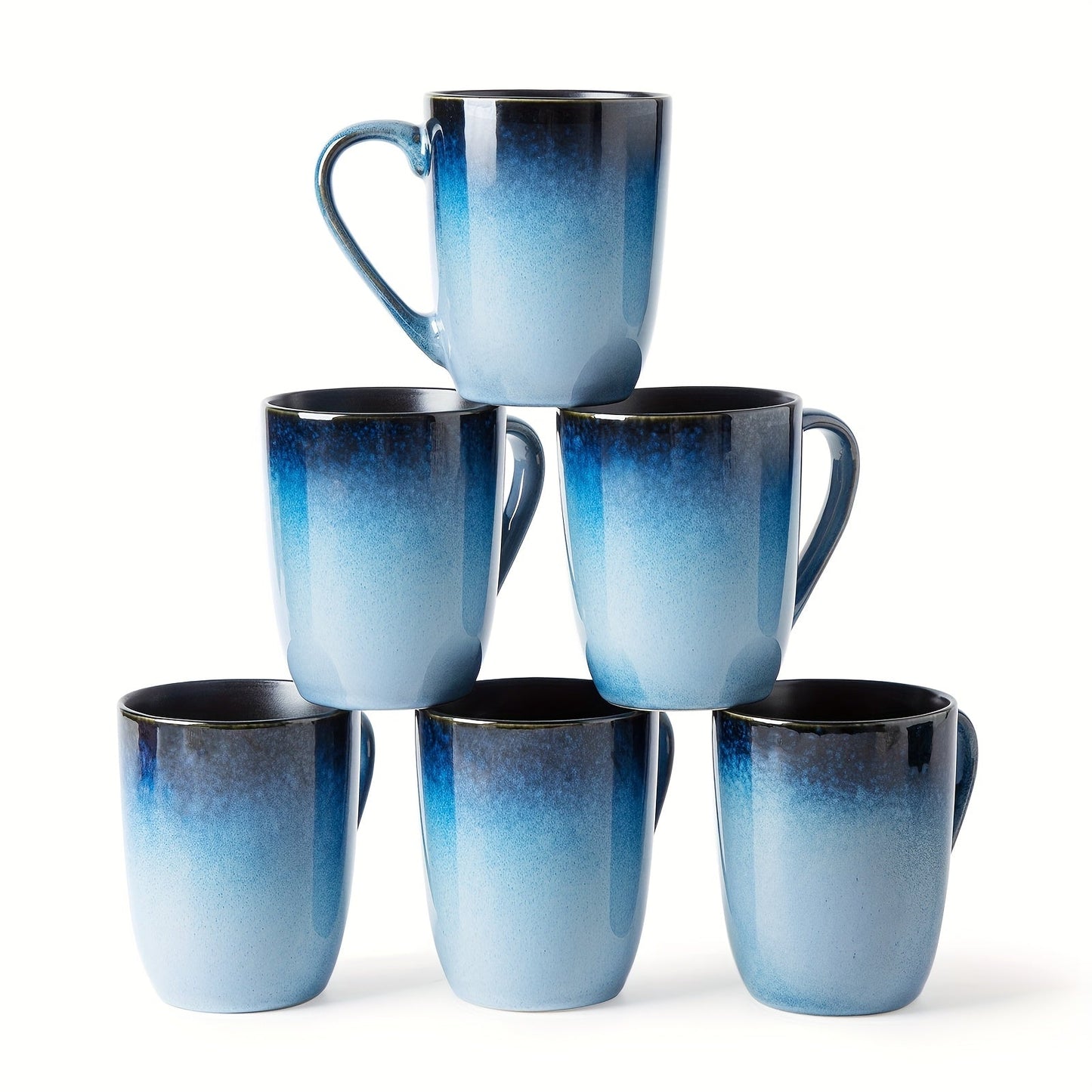 Six-Piece Blue Gradient Coffee Mug Set with Straight Handles and 14-Ounce Capacity Label Pictured