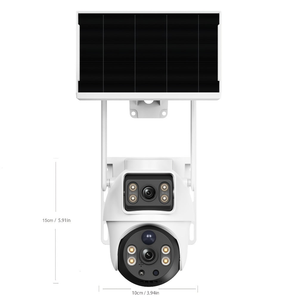 Dual-Lens Solar WiFi Security Camera with Pan-Tilt View, PIR Motion, Spotlight, Siren and Two-Way Audio