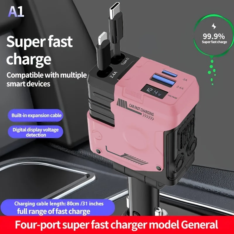 Dual Retractable Cable Car Charger 4-in-1 with Lightning & Type-C 31in, 2 USB-A Ports & Voltage Supervision – Tangle-Free Fast Car Phone Charger for iPhone Samsung Android, Multi Port Car Charging Adapter 4 Colors