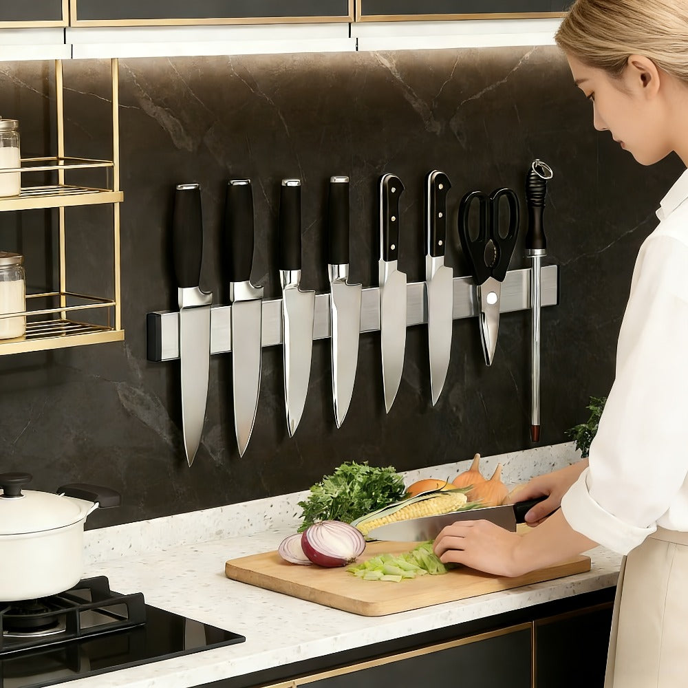 Magnetic Knife Holder Wall Mounted – Stainless Steel Punch-Free Knife Strip Rack for Kitchen, Holds Chef Knife Santoku Bread Knife, No-Drill Knife Bar for Home Restaurant Kitchen Organization