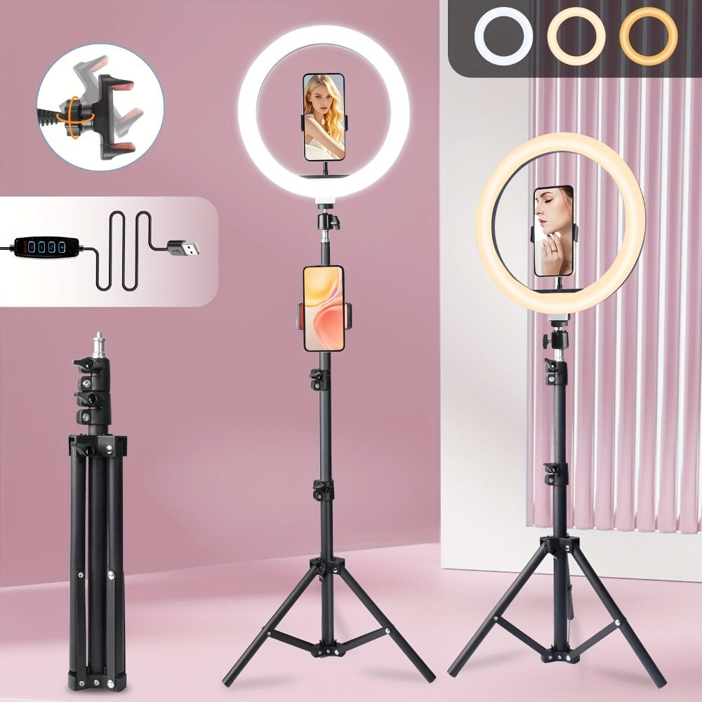 10- or 12-Inch USB Ring Light with Floor Tripod, Center Phone Holder and Three-Color Model Options