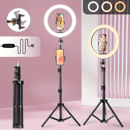 10- or 12-Inch USB Ring Light with Floor Tripod, Center Phone Holder and Three-Color Model Options