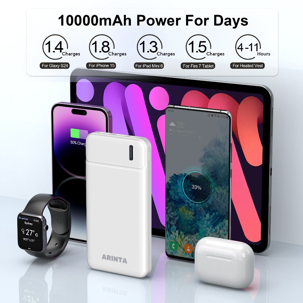 Power Bank 10000mAh Slim with 22.5W PD, 20W USB-C Input/Output and Dual USB-A Ports in Black or White