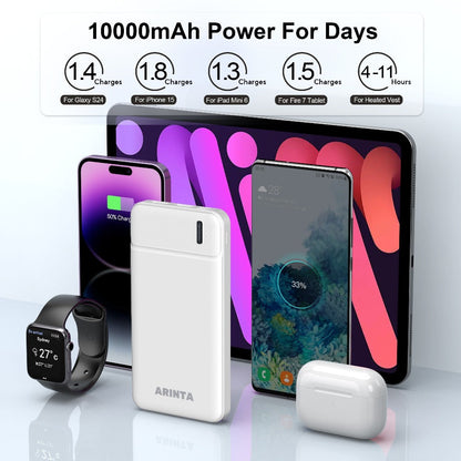 Power Bank 10000mAh Slim with 22.5W PD, 20W USB-C Input/Output and Dual USB-A Ports in Black or White