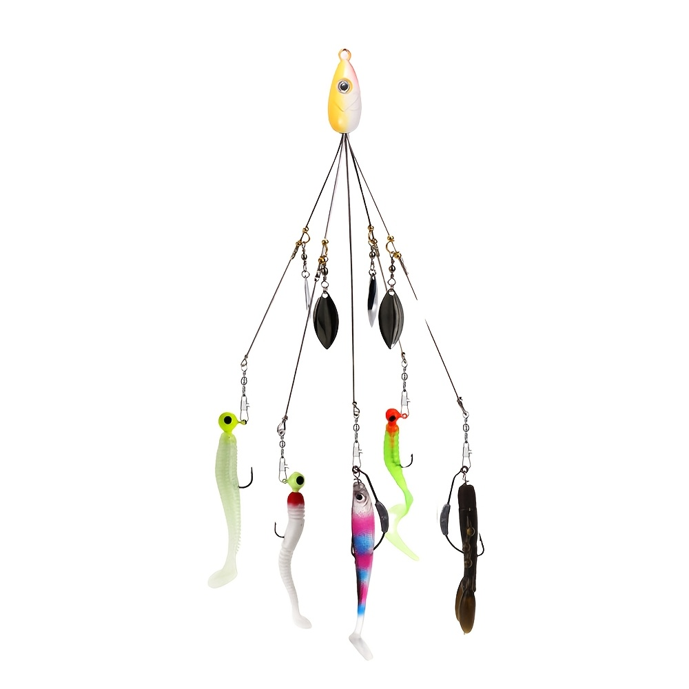 Fishing Lure Set 7-Piece Five-Arm Umbrella Rigs with Spinner Blades, Reinforcing Pins and Mixed Head Colors