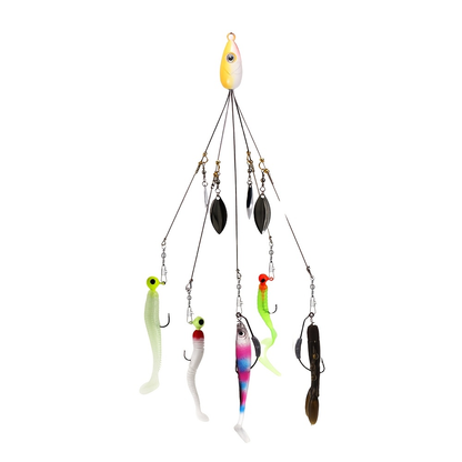 Fishing Lure Set 7-Piece Five-Arm Umbrella Rigs with Spinner Blades, Reinforcing Pins and Mixed Head Colors