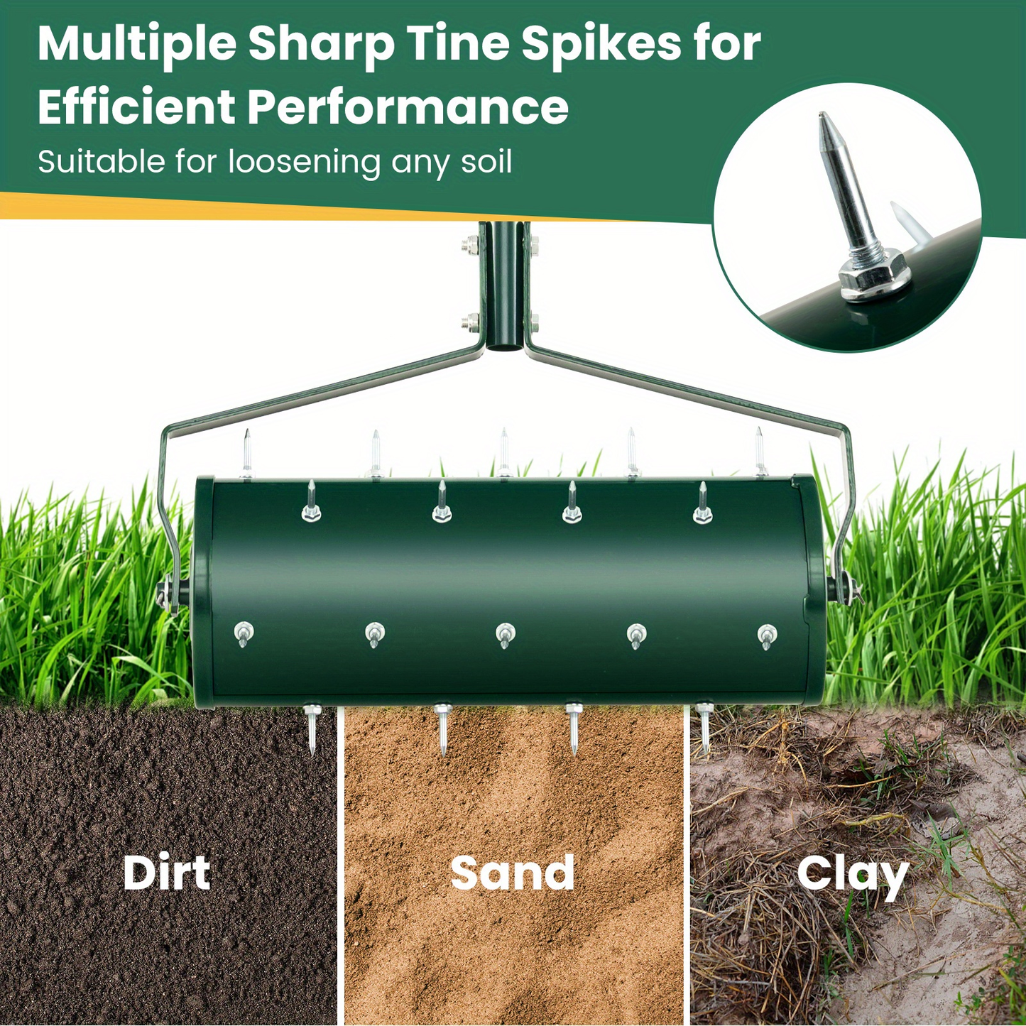 Rotary Lawn Aerator 18" Spike Drum with 27 Galvanized Steel Spikes, Fillable with Sand or Stone, 51" Anti-Slip Handle for Deep Soil Aeration Lawn Garden Yard